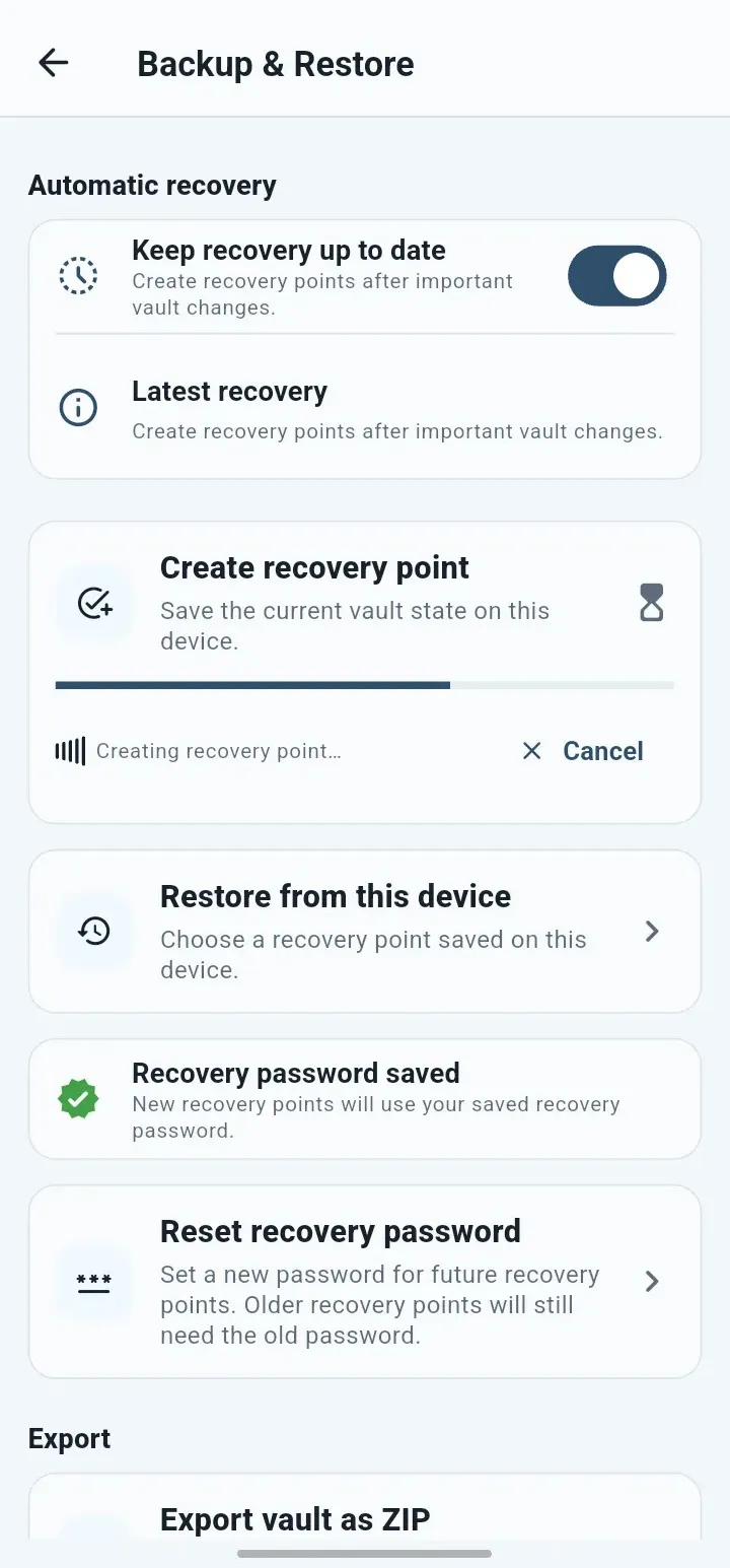 Local backup & recovery screen in the QuietVault app