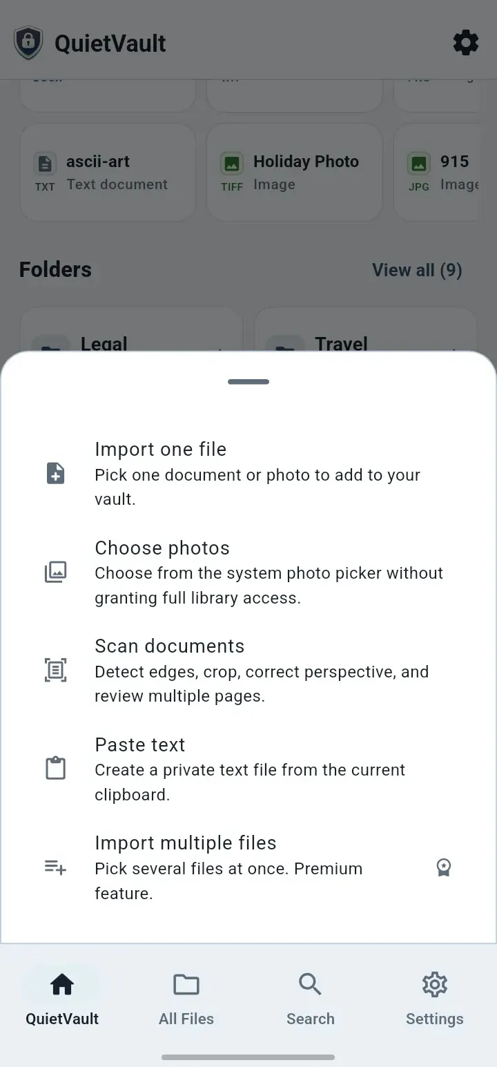 Flexible import options screen in the QuietVault app
