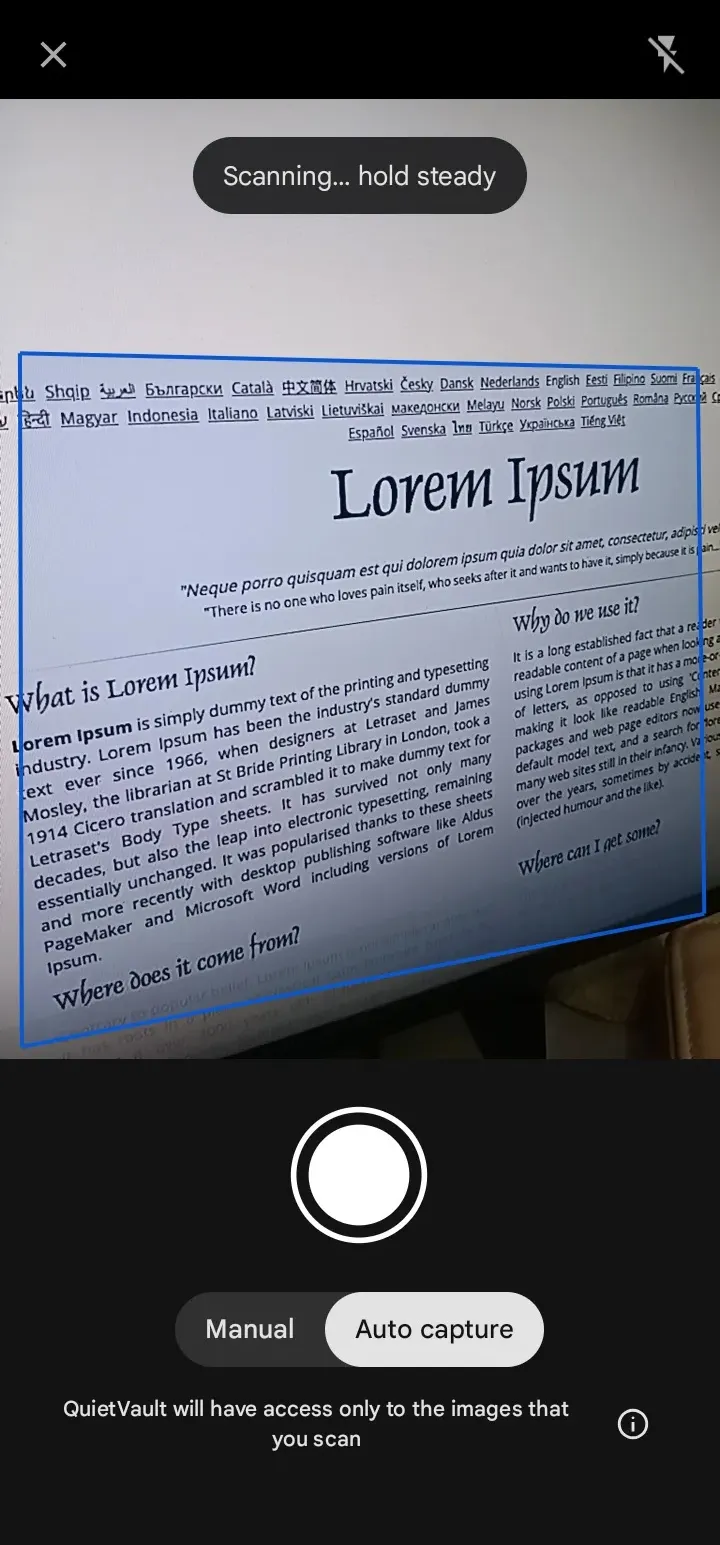 Import & scan screen in the QuietVault app