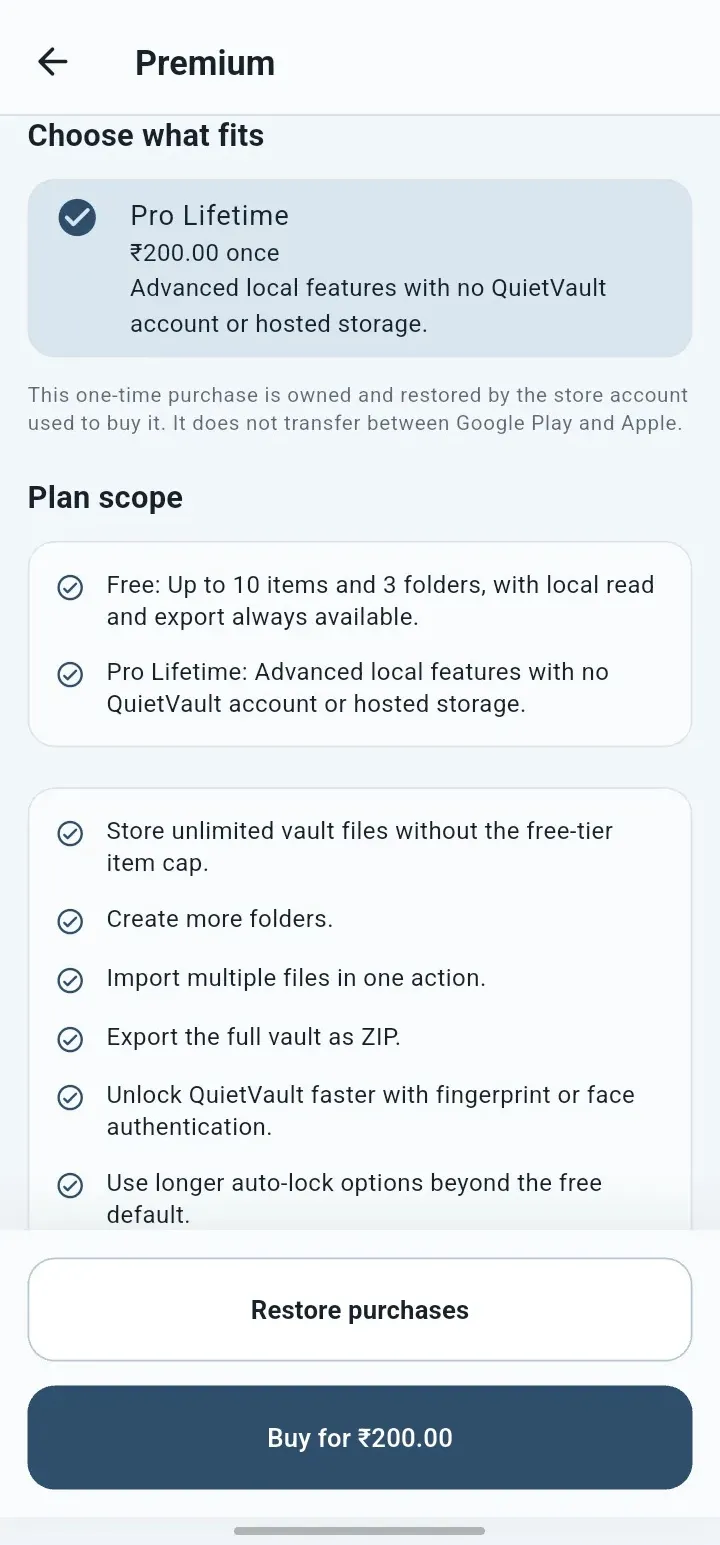 Premium Lifetime screen in the QuietVault app