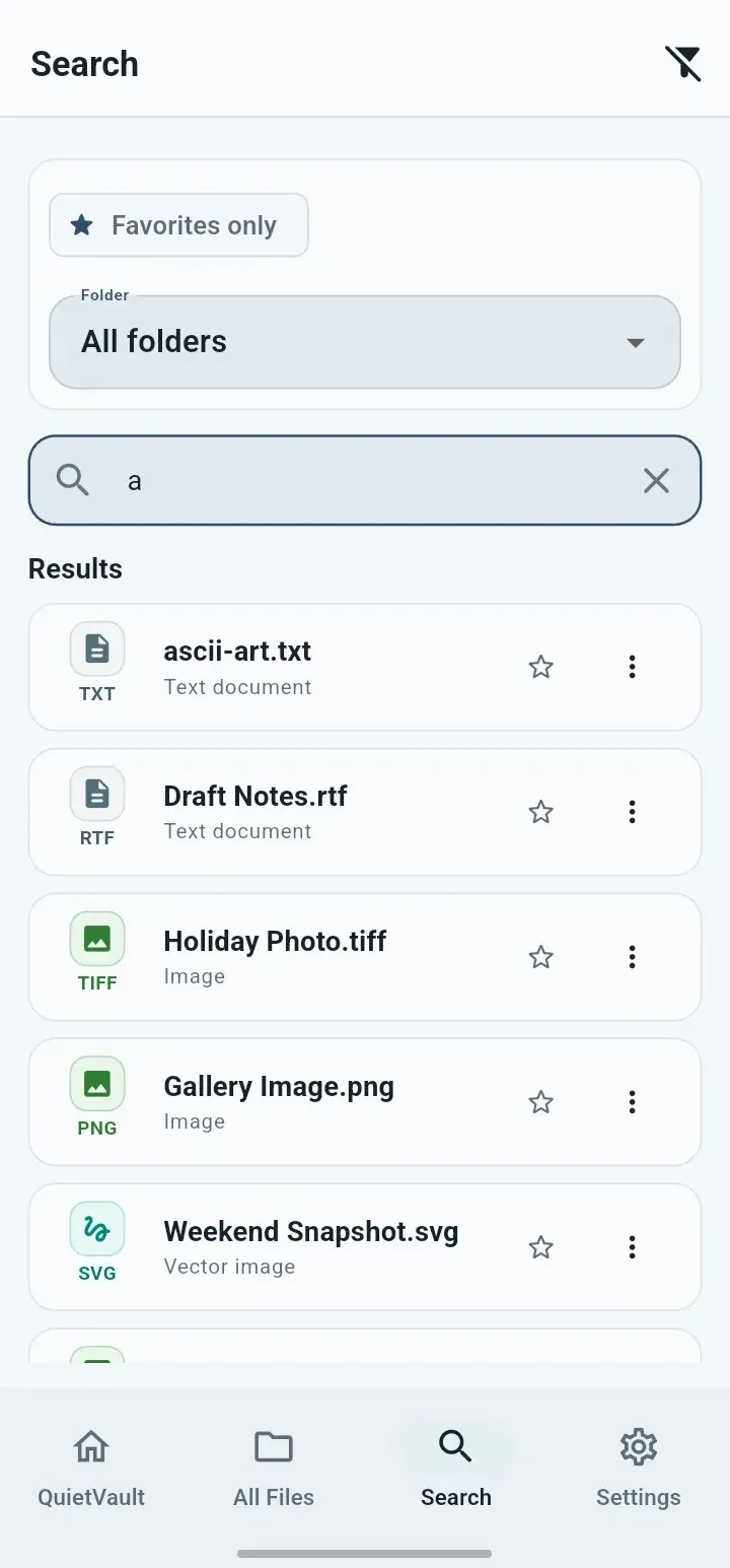 Private search screen in the QuietVault app