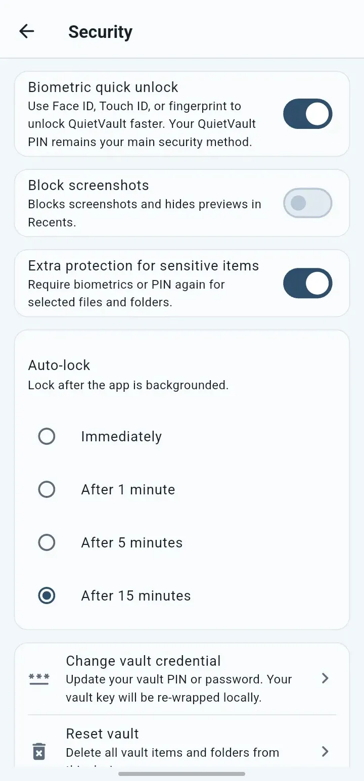 Security settings screen in the QuietVault app
