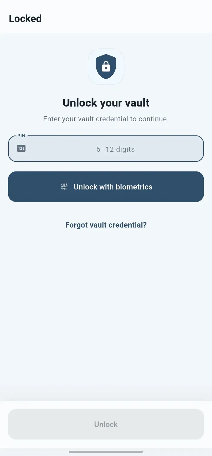 Protected vault access screen in the QuietVault app