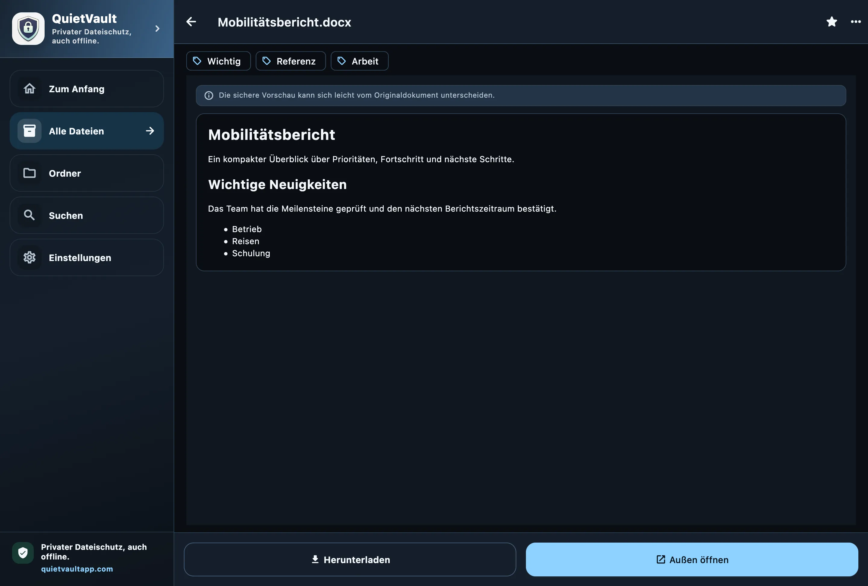 QuietVault sichere DOCX-Vorschau auf dem Desktop