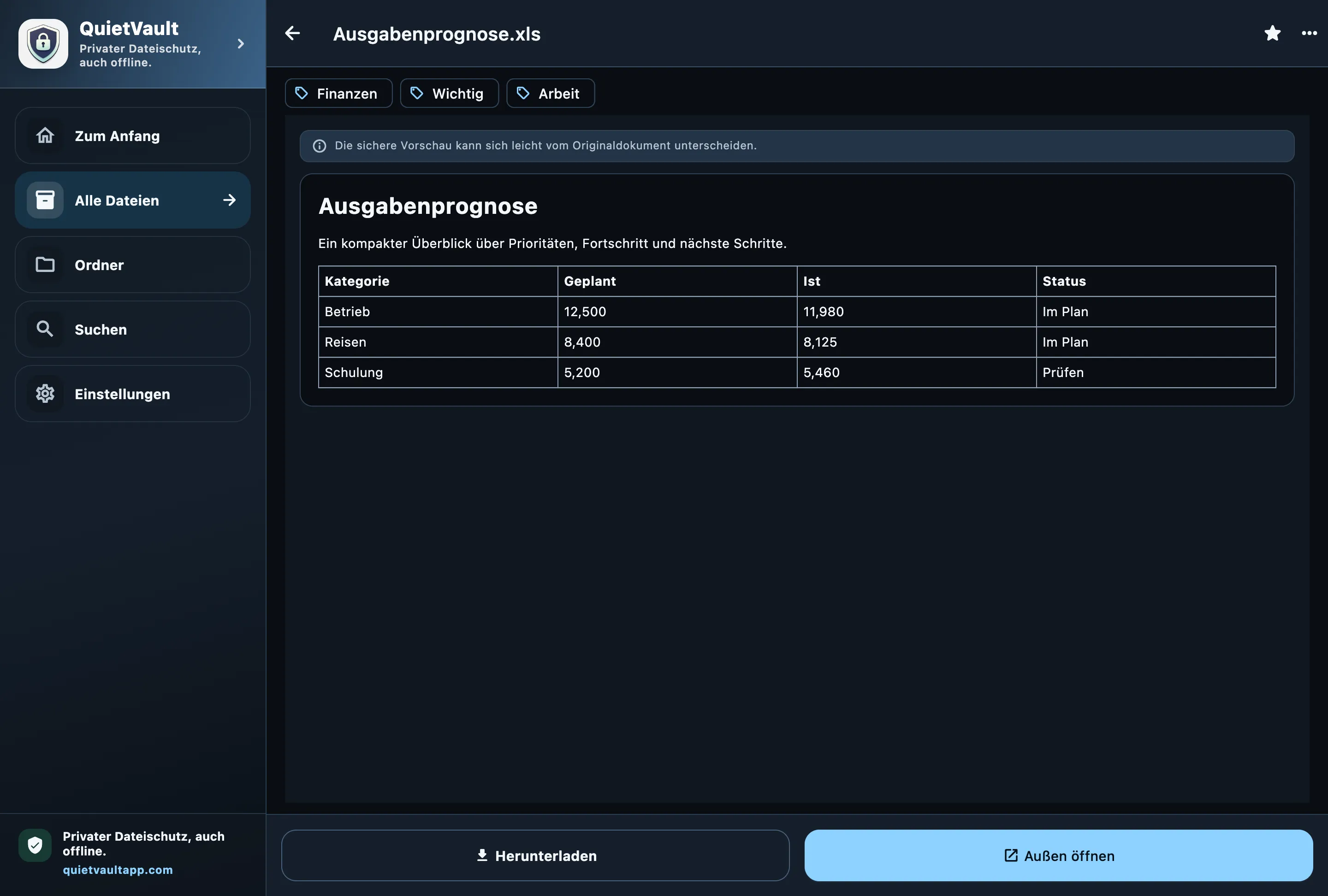 QuietVault sichere Tabellenvorschau auf dem Desktop