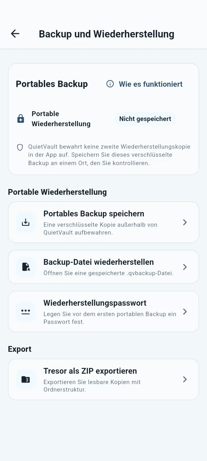 QuietVault tragbarer Sicherungs- und Wiederherstellungsbildschirm