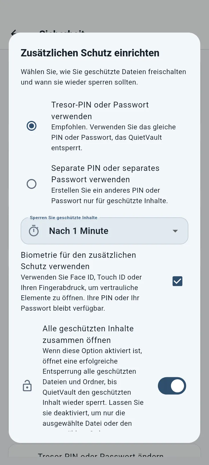 QuietVault Zusätzliche Schutzeinstellungen