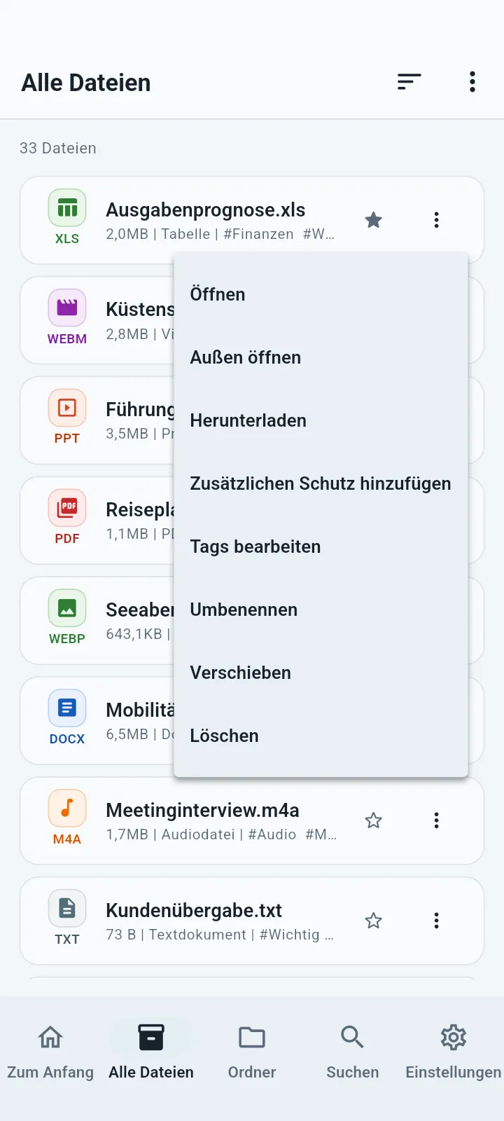 QuietVault Dateiaktionsmenü