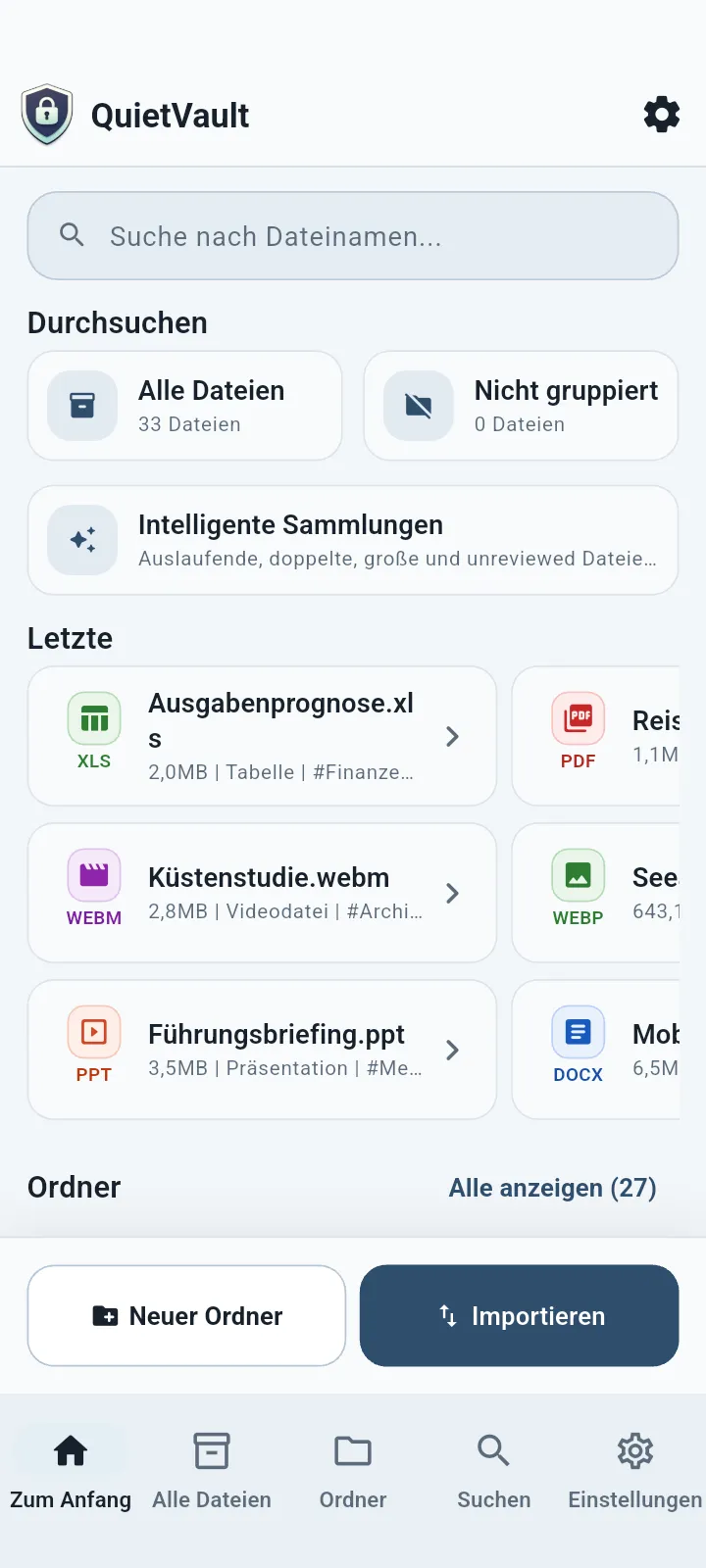 QuietVault Startbildschirm