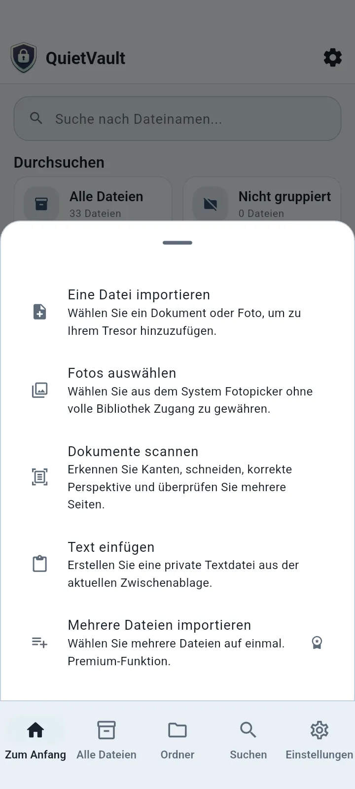 QuietVault Importoptionen