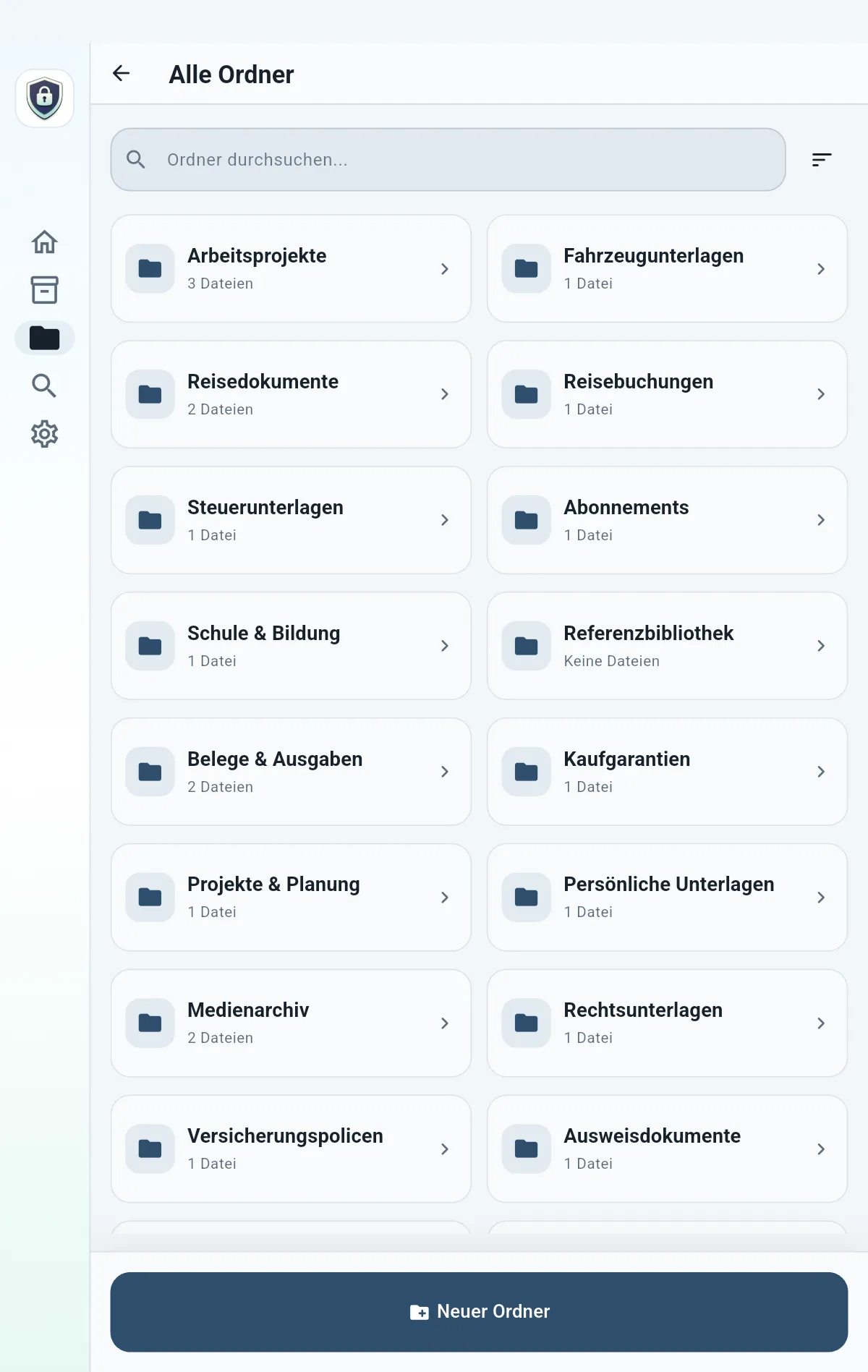 QuietVault Ordner auf einem Tablet