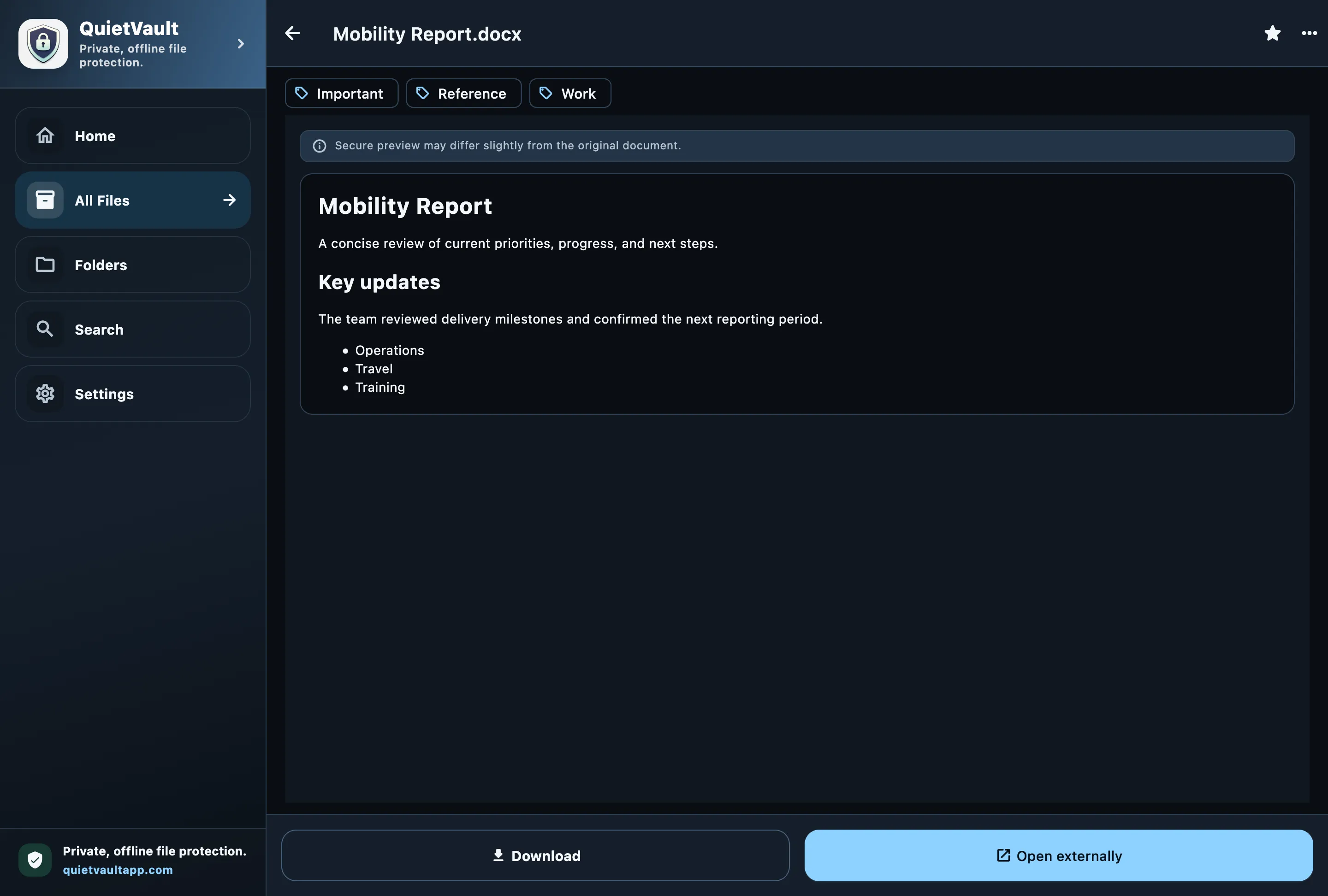 QuietVault secure DOCX preview on desktop