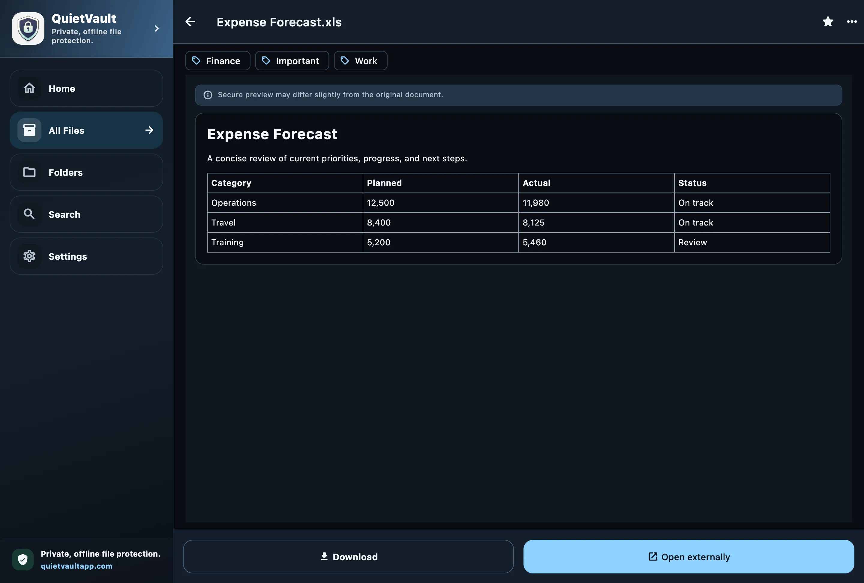 QuietVault secure spreadsheet preview on desktop