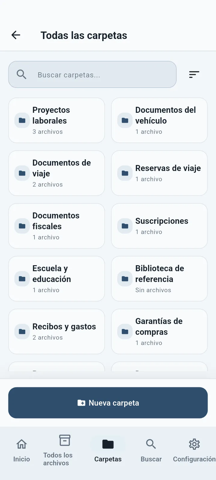 Pantalla de carpetas QuietVault