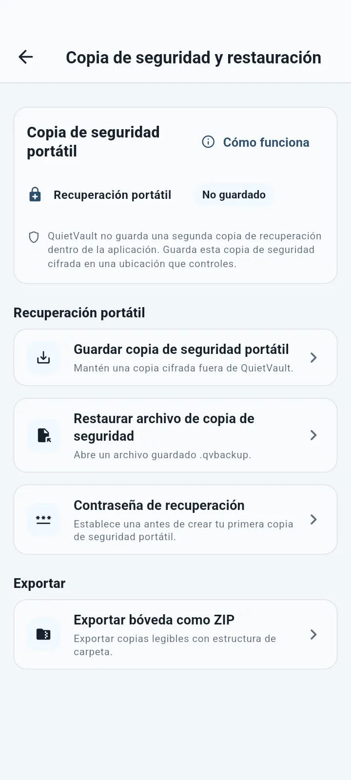 QuietVault pantalla de copia de seguridad y restauración portátil