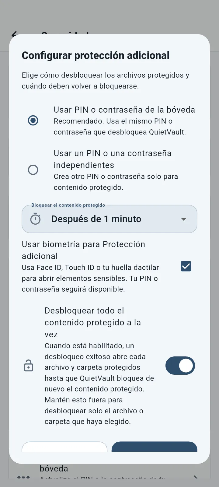 QuietVault Configuración de protección adicional