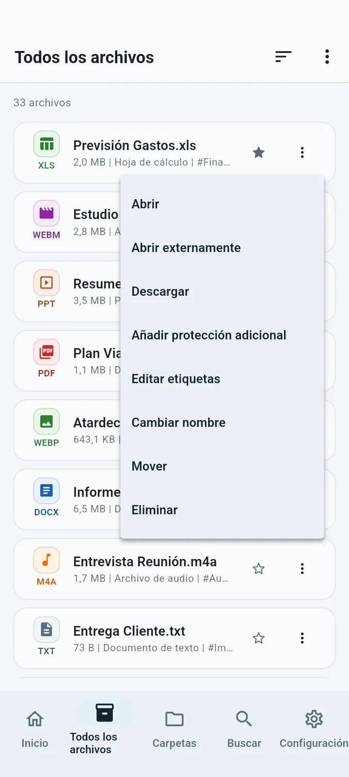Menú de acciones del archivo QuietVault