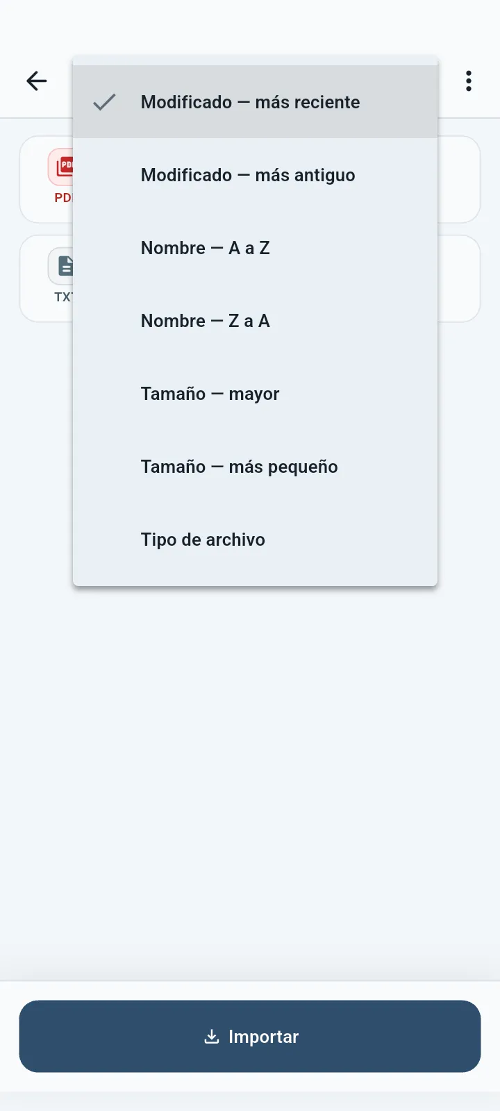 QuietVault opciones de clasificación dentro de una carpeta
