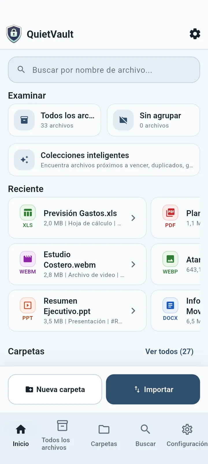 QuietVault Pantalla de inicio