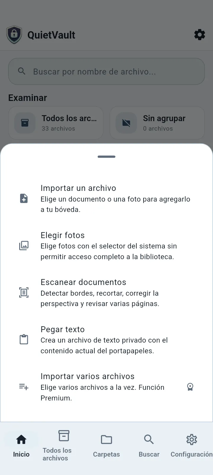 QuietVault opciones de importación