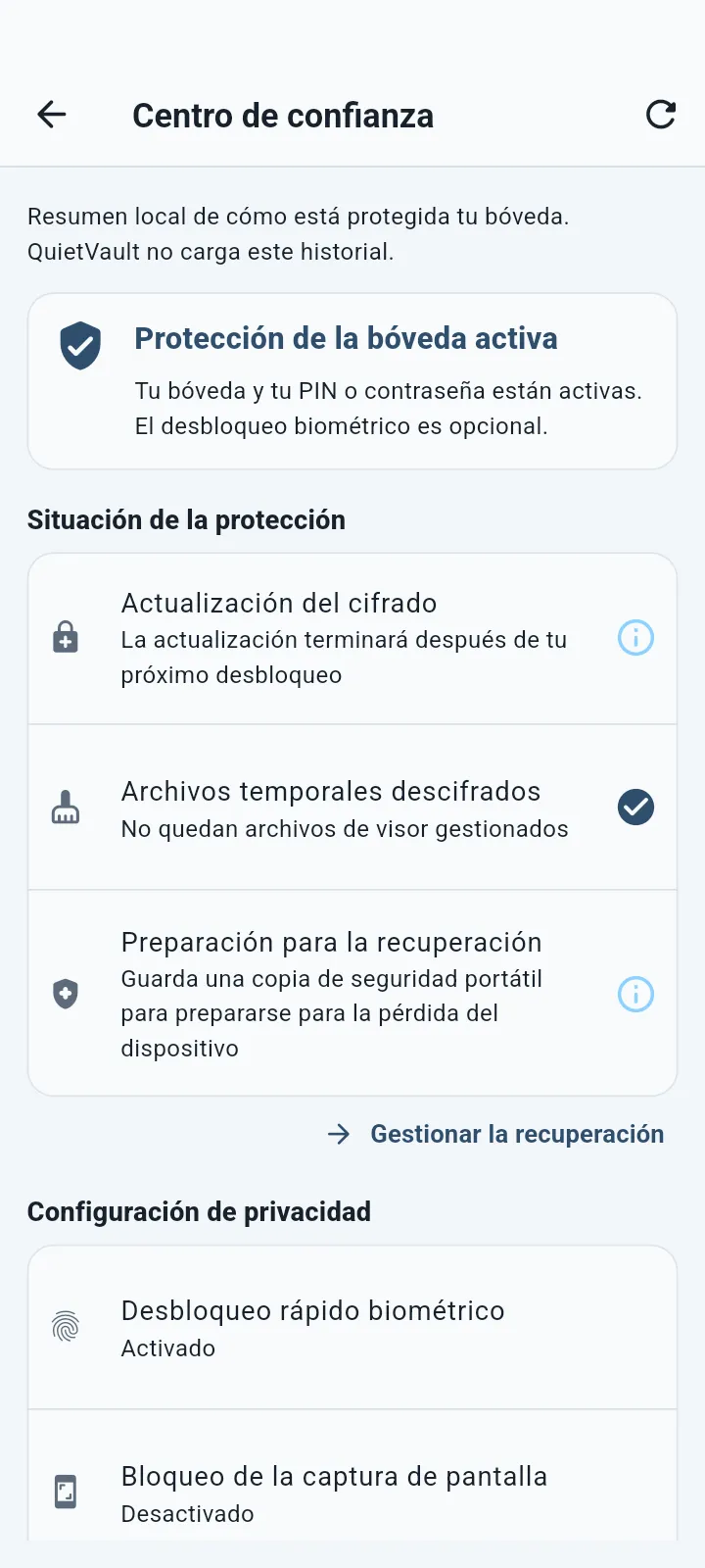 QuietVault Centro de confianza