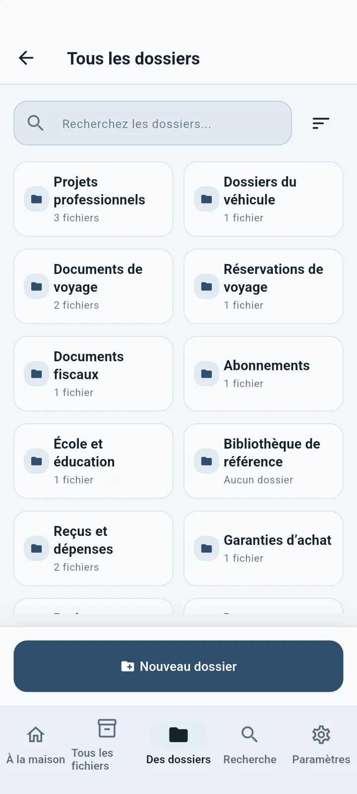 Écran des dossiers QuietVault