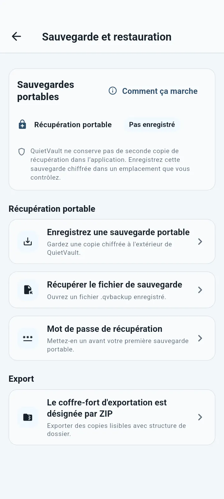 Écran de sauvegarde et de restauration portable QuietVault