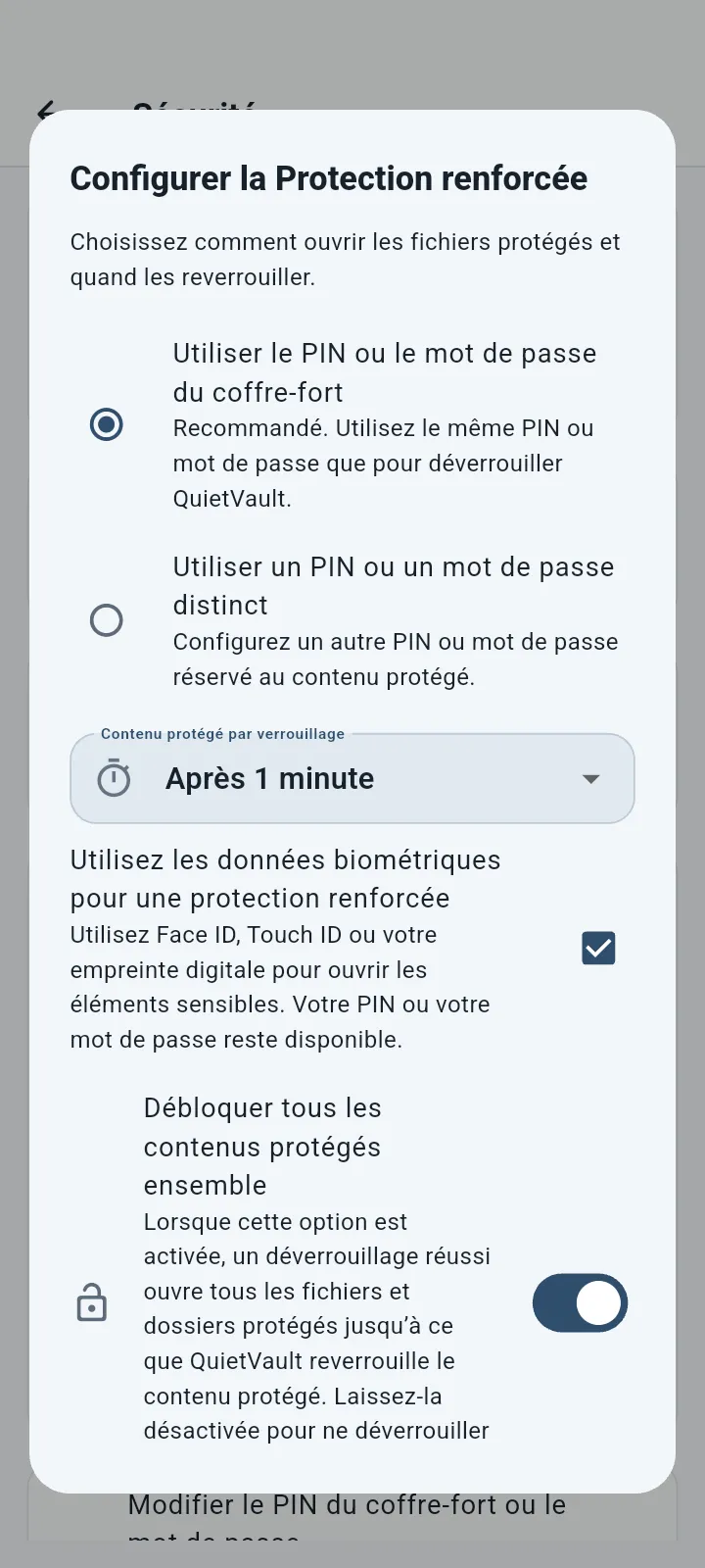 Paramètres de protection supplémentaire QuietVault