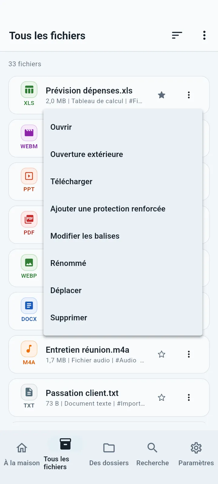 Menu d'actions du fichier QuietVault