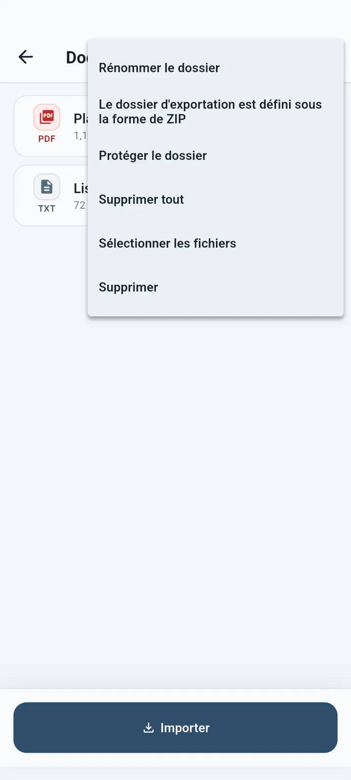 Menu d'actions du dossier QuietVault