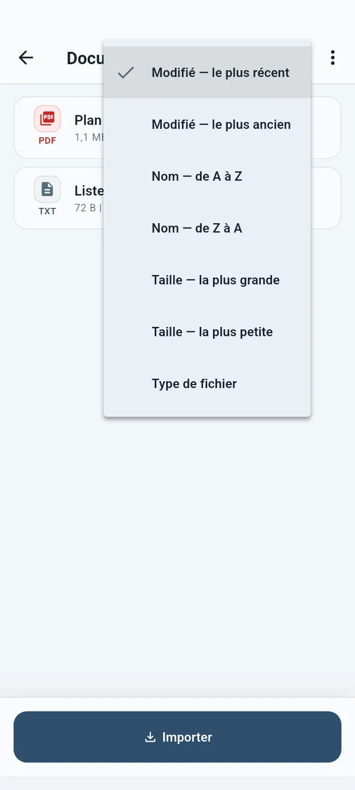 Options de tri QuietVault dans un dossier