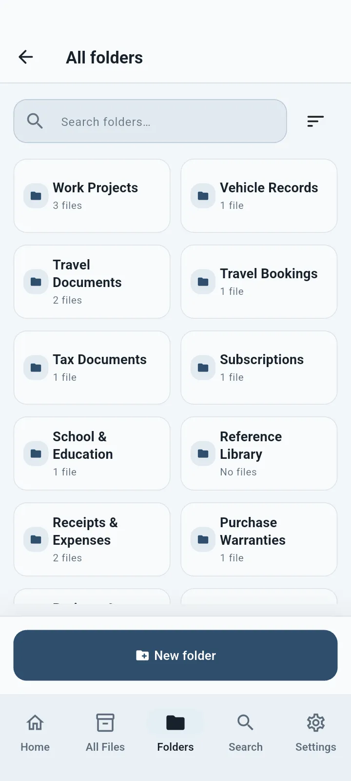 QuietVault folders screen
