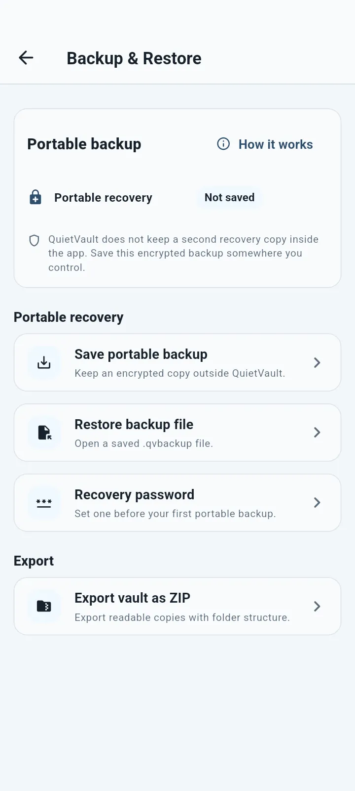 QuietVault portable backup and restore screen