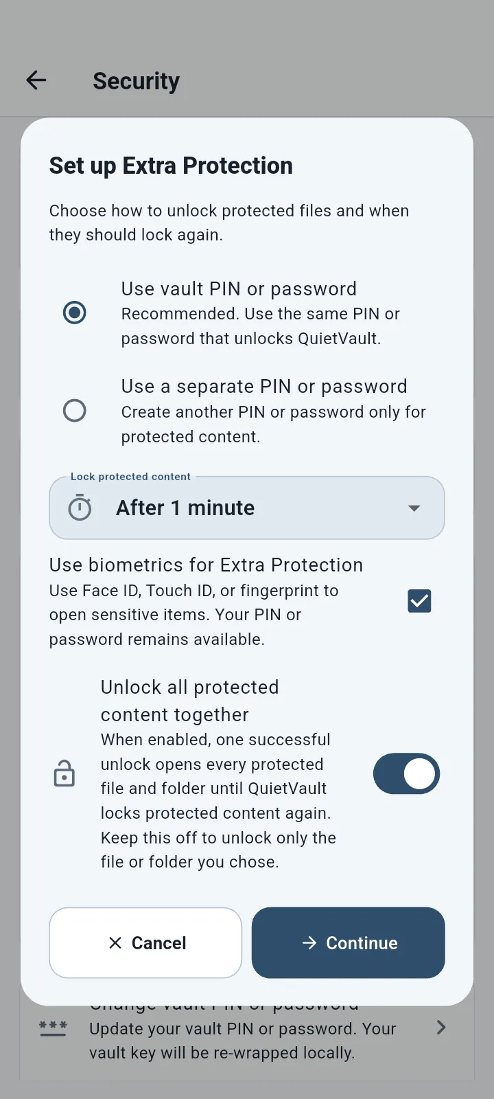 QuietVault Extra Protection settings