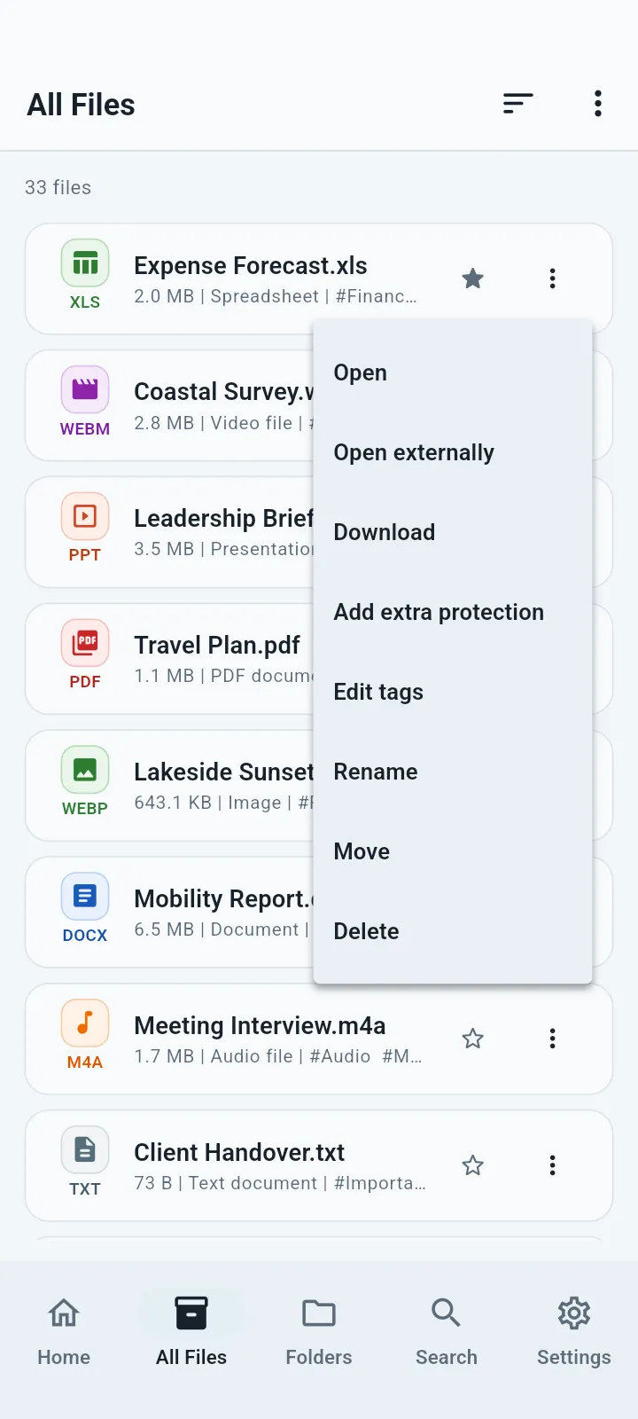 QuietVault file actions menu
