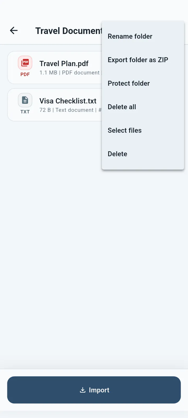 QuietVault folder actions menu