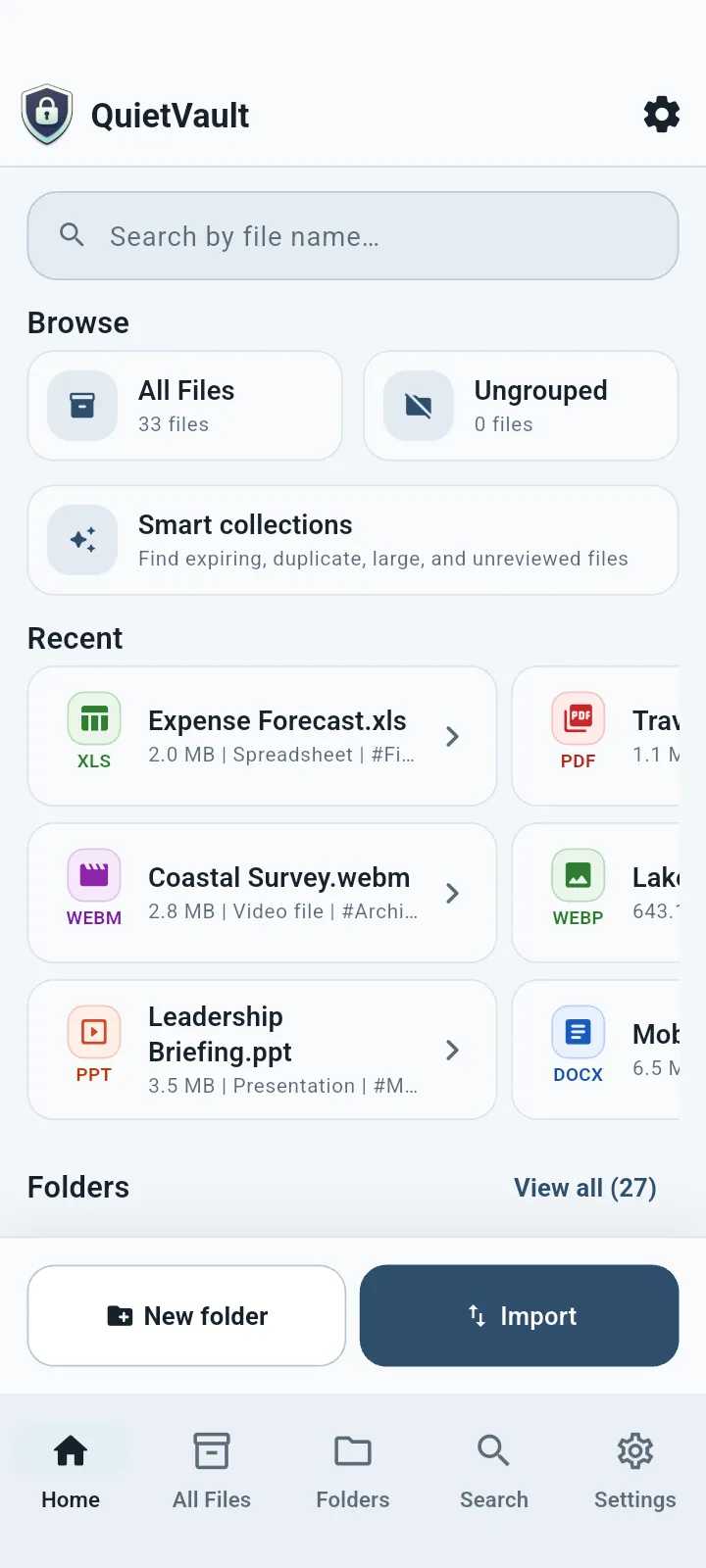 QuietVault Home screen
