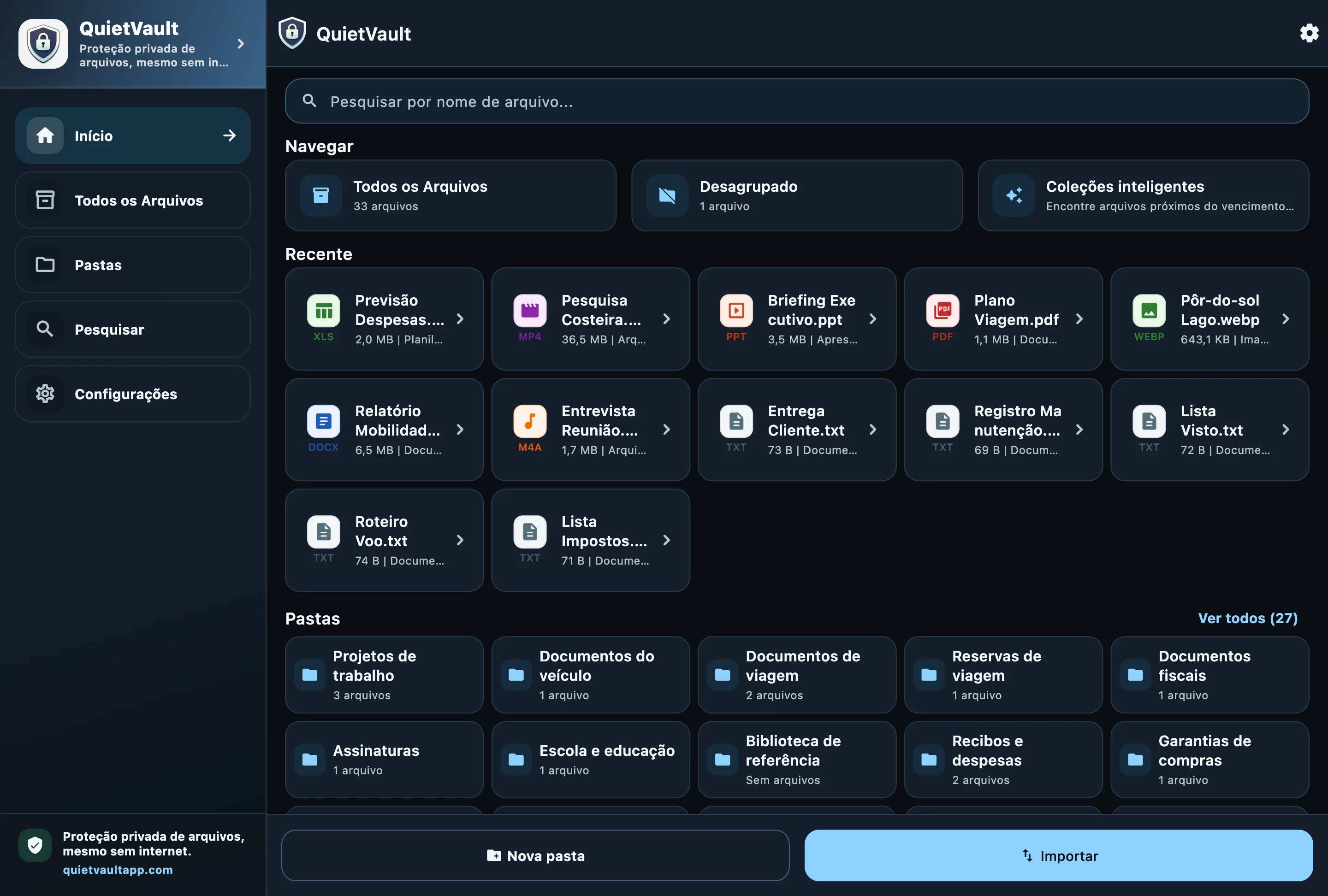 QuietVault Tela inicial em um desktop