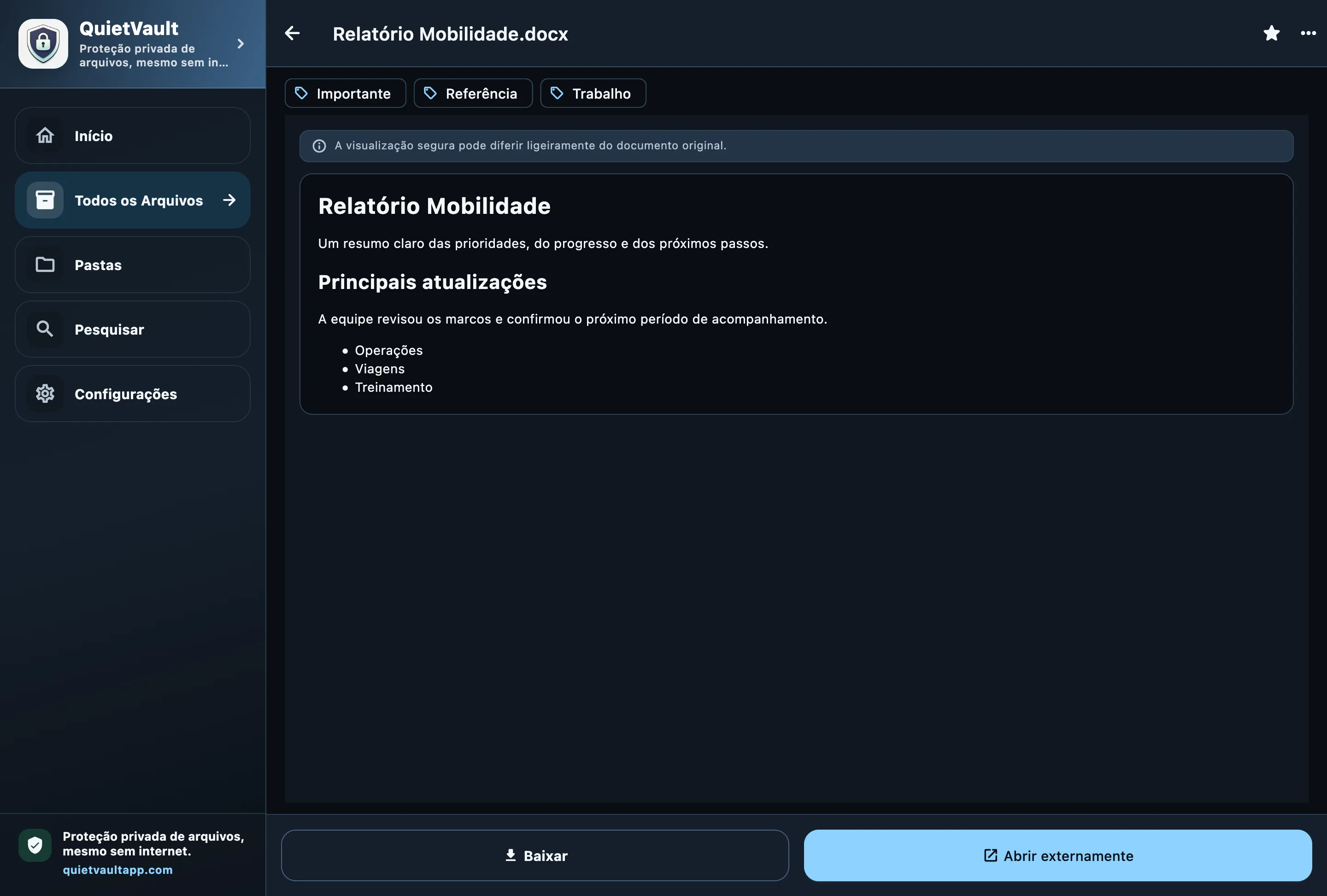 QuietVault visualização DOCX segura no desktop