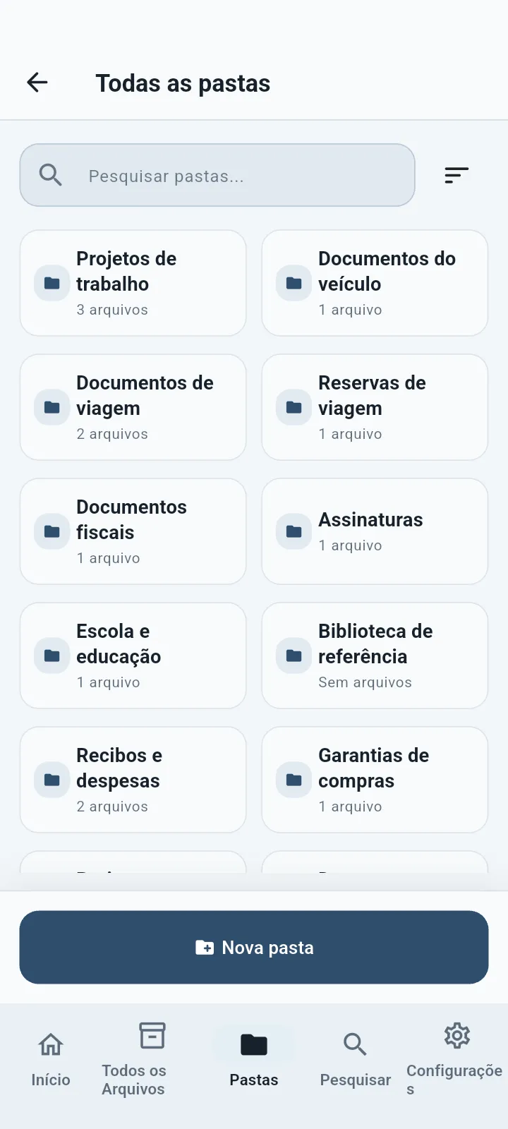Tela de pastas QuietVault