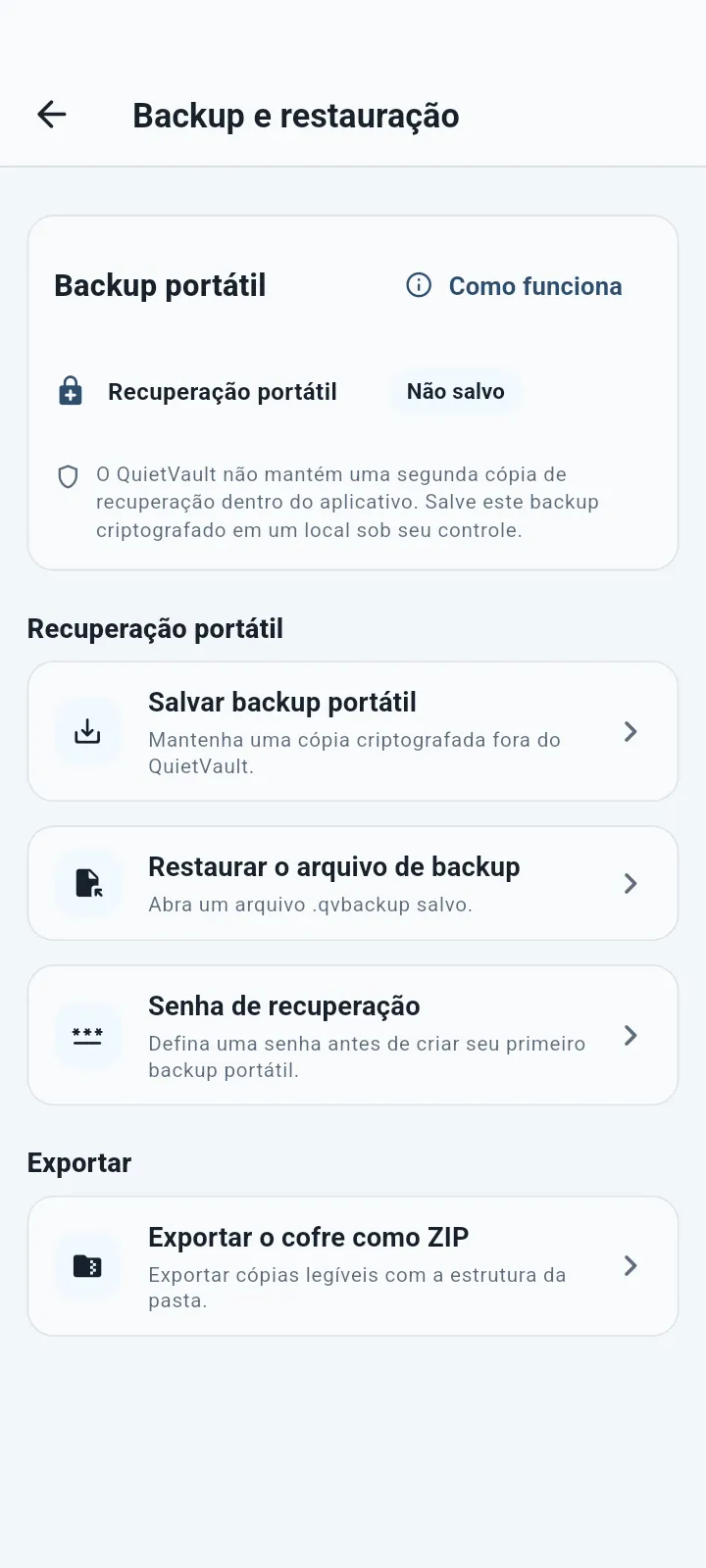 QuietVault tela portátil de backup e restauração