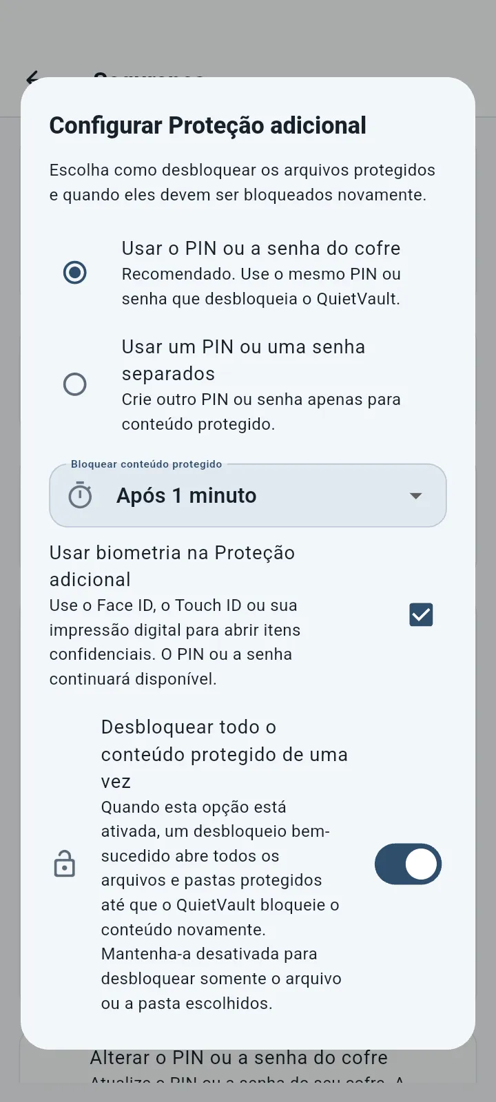 QuietVault Configurações de proteção extra