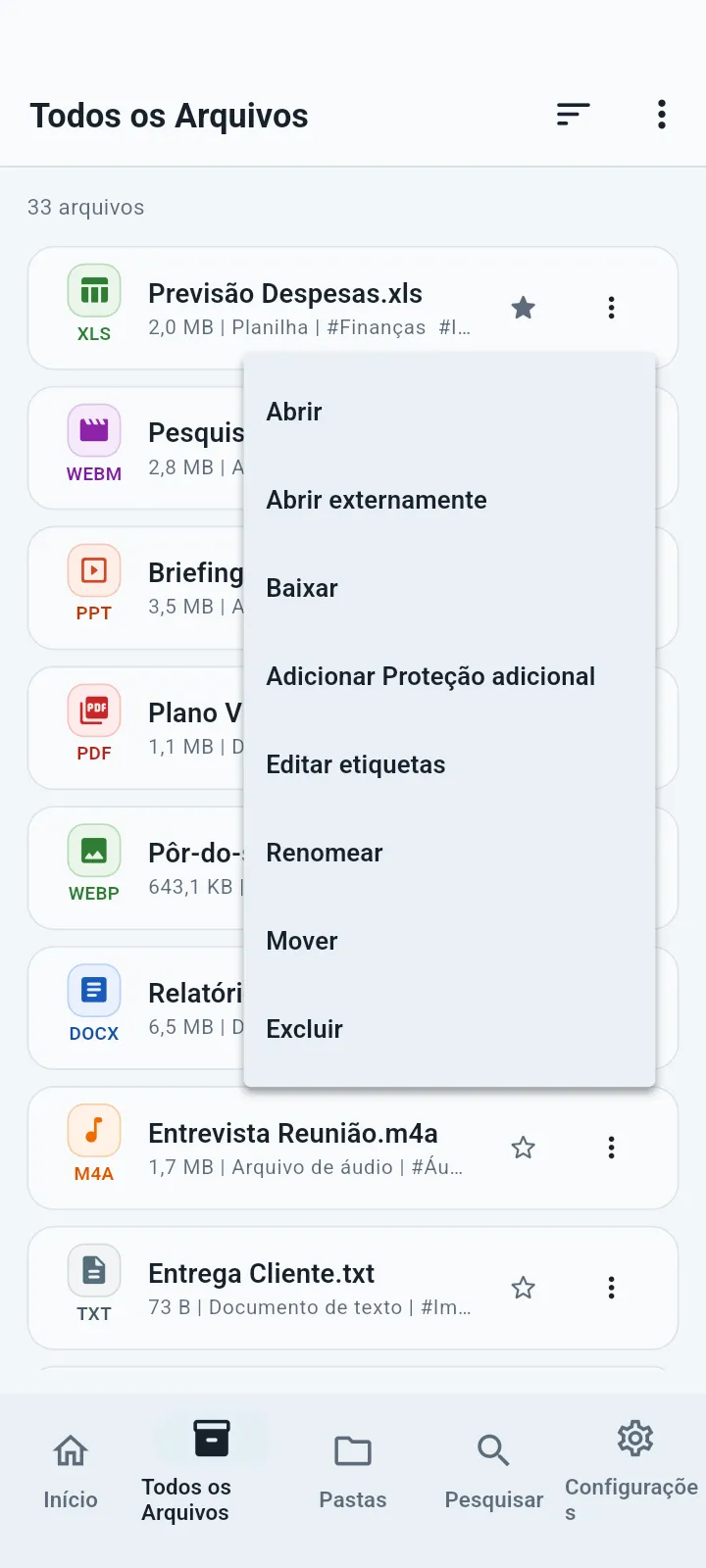 Menu de ações do arquivo QuietVault