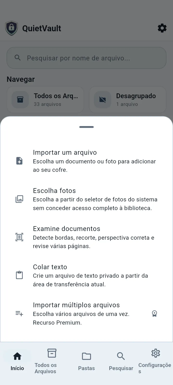 QuietVault opções de importação