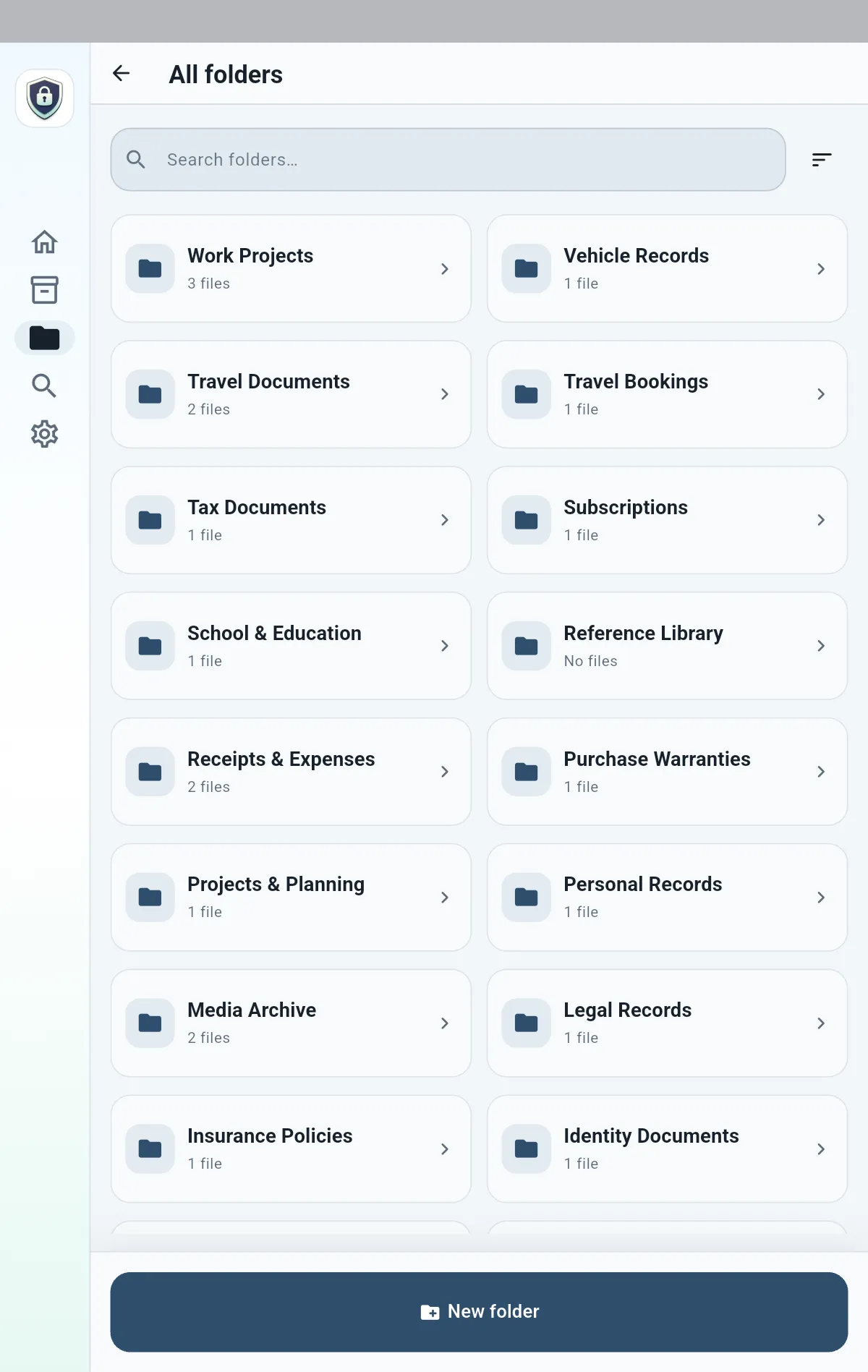 QuietVault folders on a tablet